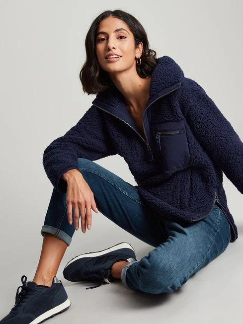 Navy Blue Zip Front Fleece With Hem Detail