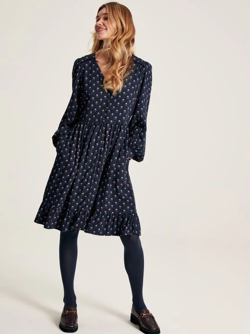 Navy Blue Button Down Dress With Peplum Hem