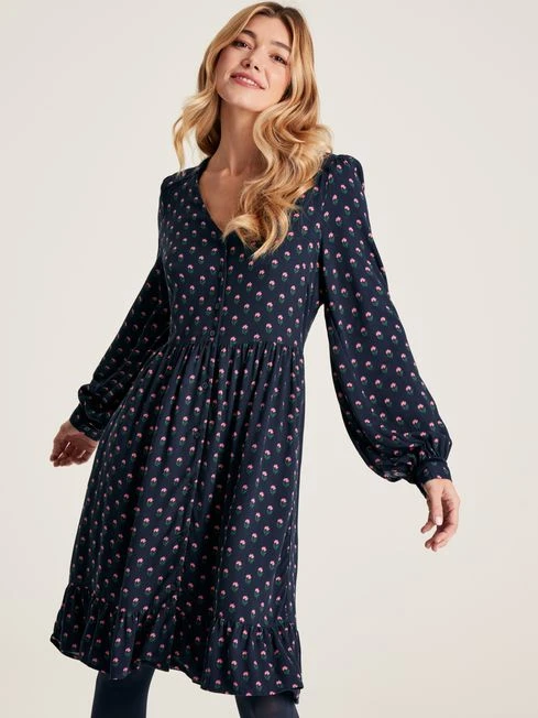 Navy Blue Button Down Dress With Peplum Hem - Image 3