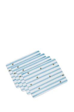 Set Of 4 Blue Corkback Bee Striped Placemats