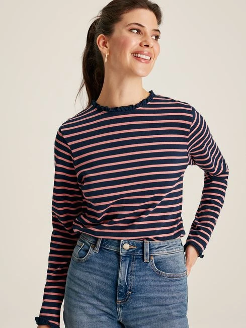 Navy Pink Long Sleeve Top With Frill